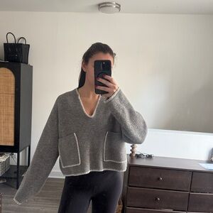Zara Gray V-Neck Sweater with Pockets
